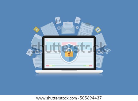Concept is data security Access .Shield on Computer Desktop or laptop  protect sensitive data. Internet security. Vector design