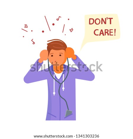 Male teenager is listening to music on headphones and not interested in anything. Don't care speech bubble above. Human character isolated on white background. Flat Art Vector illustration