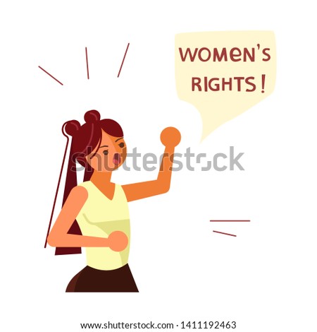 Woman protesters concept. The girl shouts in anger. Women's right! speech bubble above. People character isolated on white background. Flat Art Vector illustration