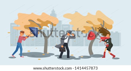 Autumn stormy weather. People in the rain and gusting wind. Flat Art Vector illustration