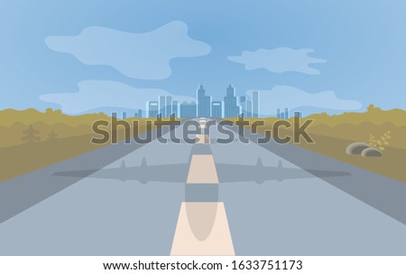 Airport runway and shadow of aircraft. City landscape on the horisont. Flat Art Vector Illustration.