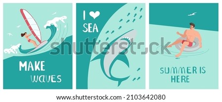 Set of Postcard I love sea in a marine style. Ocean scene with shark and Surfer rides the Wave on aquamarine background. Flat Art Vector illustration