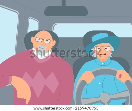 Elderly female driver and senior passenger character inside a car. Collection of driving routines. Flat Art Vector Illustration Photo stock © 