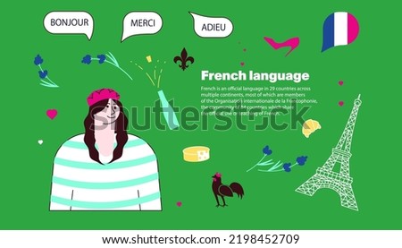 Language school Landing webpage template. Female student with Hello, thanks and bye in speech bubble and French landmarks logos around. Flat Art Vector Illustration