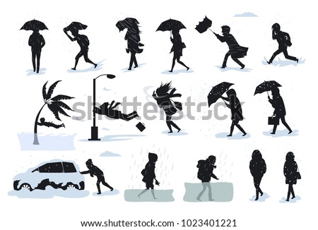 silhouettes of people during extreme bad weather conditions, walking running during strong rain wind, hail, tsunami, storm, blizzard, flood graphic