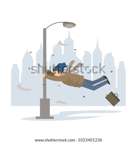 man pedestrian is blown away by the strong stormy wind in the city, natural disaster weather graphic