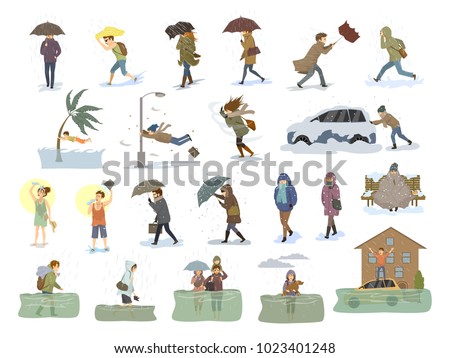 collection of people coping with bad severe meteorological weather conditions disasters cataclysm like extreme heat and cold, hurricane, strong wind snow hail rain storm, tsunami, flood graphic