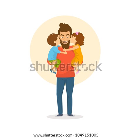 children, boy and girl, daughter and son kissing  hugging their father, happy fathers day congratulations vector illustration scene