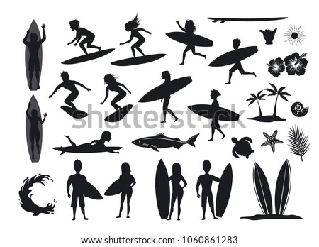 surfers silhouettes set. men and women surfing, riding waves, stand, walk, run, swim with surfboards, symbols design decoration, palm tree, leaf, turtle, shark, hand, hibiscus, wave, sun vector 