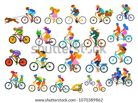 bright colorful different active people riding bikes collection, man woman couples family friends children cycle to office work, travel, bicyle trailer sport, mountain biking, city drive, leisure set