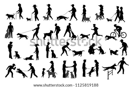people with dogs silhouettes graphic set.man woman training their pets basic obedience commands like sit lay give paw walk close, exercise run jump barrier, protection, running playing, walking