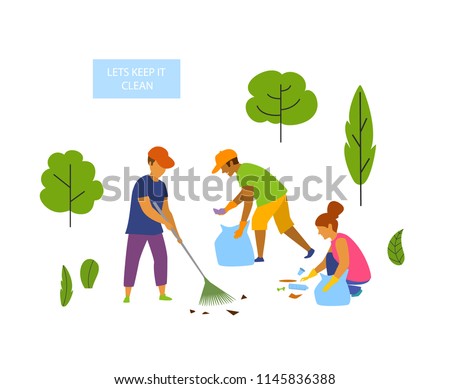 young people volunteers cleaning up the park isolated vector graphic scene