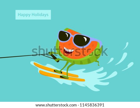 cute fun cartoon watermelon waterskiing on vacation vector iluustration