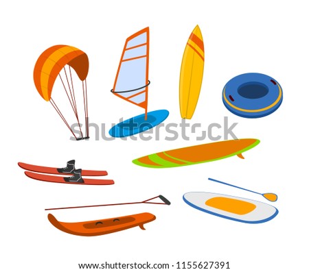 watersport items, surfboards, tubes, windsurfing water ski wakeboard kite, paddleboard graphics set