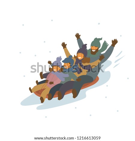 cute cartoon family winter sledding downhill together isolated vector illustration scene