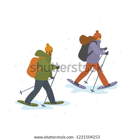 man and woman winter snowshoeing isolated vector cartoon illustration scene