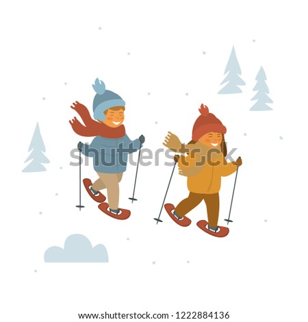 cute children boy and girl snowshoeing in winter forest isolated vector illustration cartoon graphic