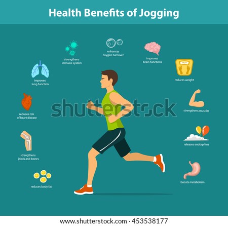 Man Running Vector Illustration. Benefits of Jogging Exercise infographics. Human Health Objects.