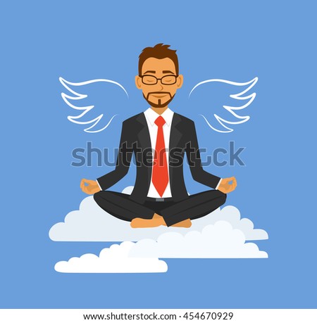 Businessman makes a break in the office, relaxing, meditating,  feels like flying. No stress at work