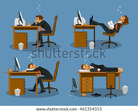 Businessman bored tired exhausted sleeping in the office scene Set. Humor office life 