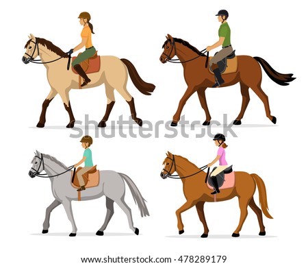 Man, Woman, Boy, Girl riding horses Vector Illustration Set, isolated. Family equestrian sport training horseback ride