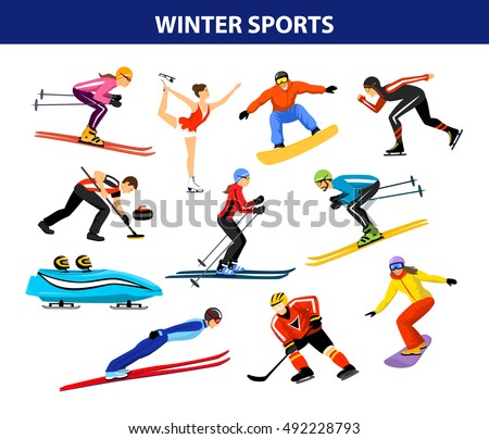 Winter Ice Snow Sports Set including cross country, freestyle skiing, snowboarding, speed skating, sliding, bobsled, ski jumping, curling and figure skating. Male and female sportsman