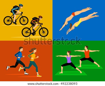 Active healthy lifestyle sport workout Set. Men, Women, Couples training exercising together. People doing yoga, cycling, swimming, running, jogging
