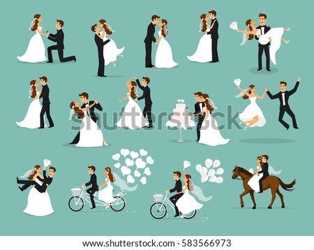Just married, newlyweds, bride and groom set. Happy Couple celebrating marriage, dancing, kissing, hugging, holding each other in arms, cut cake, riding bike and horse, jumping after ceremony Stock foto © 