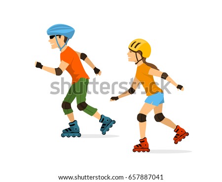 man and woman roller skating isolated