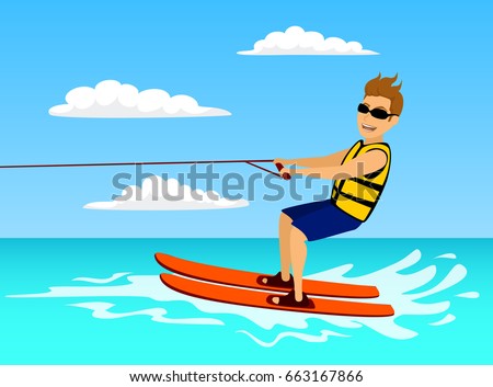 Man riding waterski. extreme summer water sport fun activity. vacation time