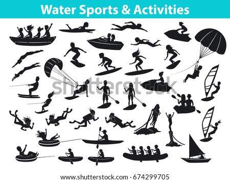 Summer water beach sports, activities Silhouette set. People windsurf, surf, jet ski, stand up paddle, snorkel, dive, ride boat and banana float, fly board, parasail, wakeboard, kitesurf, waterski 