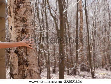 Arm and hand holding on to tree trunk in wintry forest