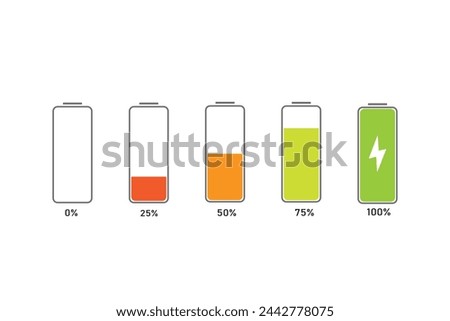Battery charge level set. Battery charging, charge indicator. Battery icons going from 0 to 100% from red to green.