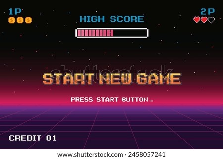 START NEW GAME .press start button .pixel art .8 bit game. retro game. for game assets in vector illustrations. Retro Futurism Sci-Fi Background. glowing neon grid. and stars from vintage arcade comp