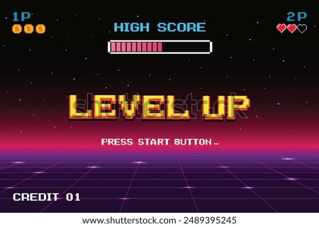 LEVEL UP INSERT A COIN TO CONTINUE .pixel art .8 bit game. retro game. for game assets in vector illustrations.