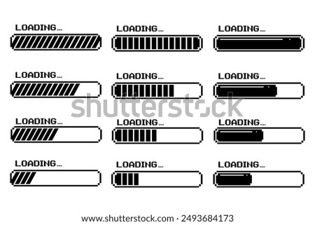 Pixel art 8-bit loading bar concept. Loading icons set. Load bar collection. loading icons on white background.