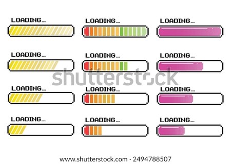 Pixel art 8-bit loading bar concept. Loading icons set. Load bar collection. loading icons on white background.