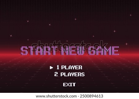 START NEW GAME .1 player. pixel art .8 bit game. retro game. for game assets in vector illustrations. Retro Futurism Sci-Fi Background. glowing neon grid. and stars from vintage arcade comp.