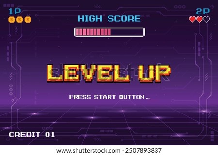 LEVEL UP. pixel art .8 bit game. retro video game. for game assets.	
Retro Futurism Sci-Fi Background. glowing neon grid and star from vintage arcade computer games