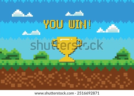 you win, players. pixel game background, natural landscape with blue sky, trees and green grass. Pixelated 8 bit video-game