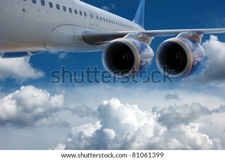 Big airliner in the blue sky with clouds.