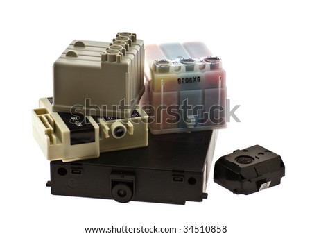 Different cartridges to jet printers on a white background