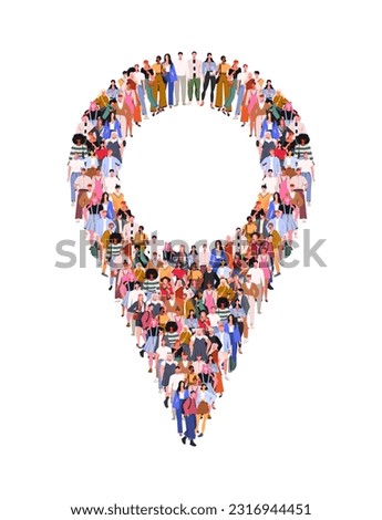 Large group of people standing together in the shape of map location pin sign. People standing together. A crowd of male and female characters. Flat vector illustration isolated on white background.