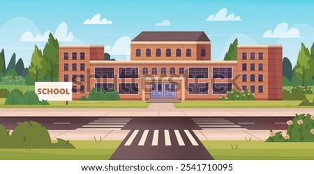 School building. College, school or university exterior with at city street with sidewalk, crosswalk and trees. Colored flat vector illustration of education institution.