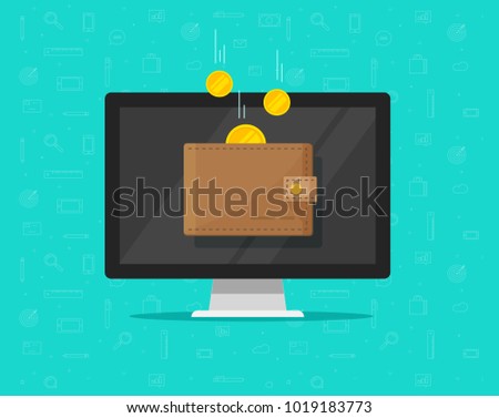 Online income money in electronic wallet vector illustration, flat cartoon golden coins flying in wallet on computer pc, concept of fund savings, cash earnings, financial success, digital wealth