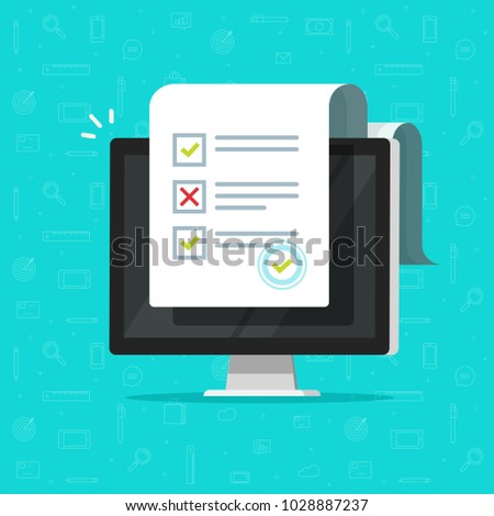 Online form survey on computer vector illustration, flat cartoon desktop pc showing long quiz exam paper sheet document icon, on-line questionnaire results, check list or internet test