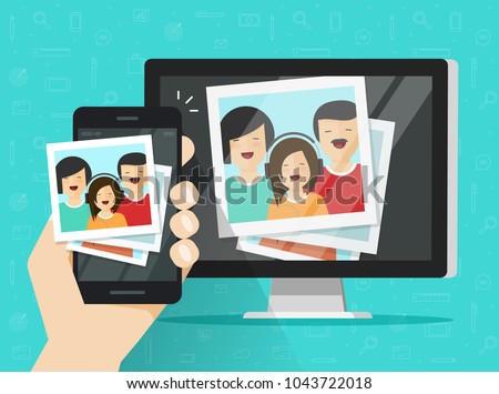Smartphone streaming photo cards images on computer vector illustration, flat cartoon mobile phone connected to pc wirelessly showing photos, multimedia transfer or downloading from cellphone