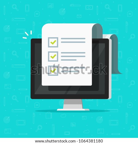 Computer and checklist vector illustration, flat cartoon pc monitor with long paper document and to do list with checkboxes, concept of survey, online quiz, completed things or done test, feedback