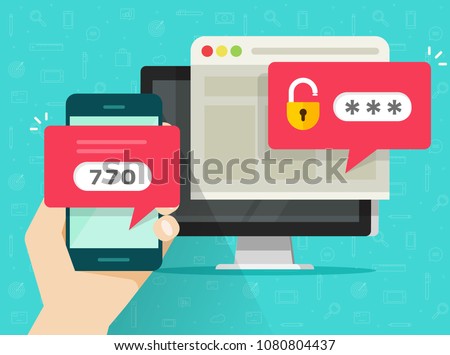 Two step authentication vector illustration, flat cartoon smartphone and computer safety login or signin, two steps verification via mobile phone and pc notice