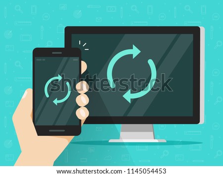 Synchronization of smartphone and computer vector illustration, flat cartoon mobile phone and pc with synch icon on screen, idea of data update, devices connection